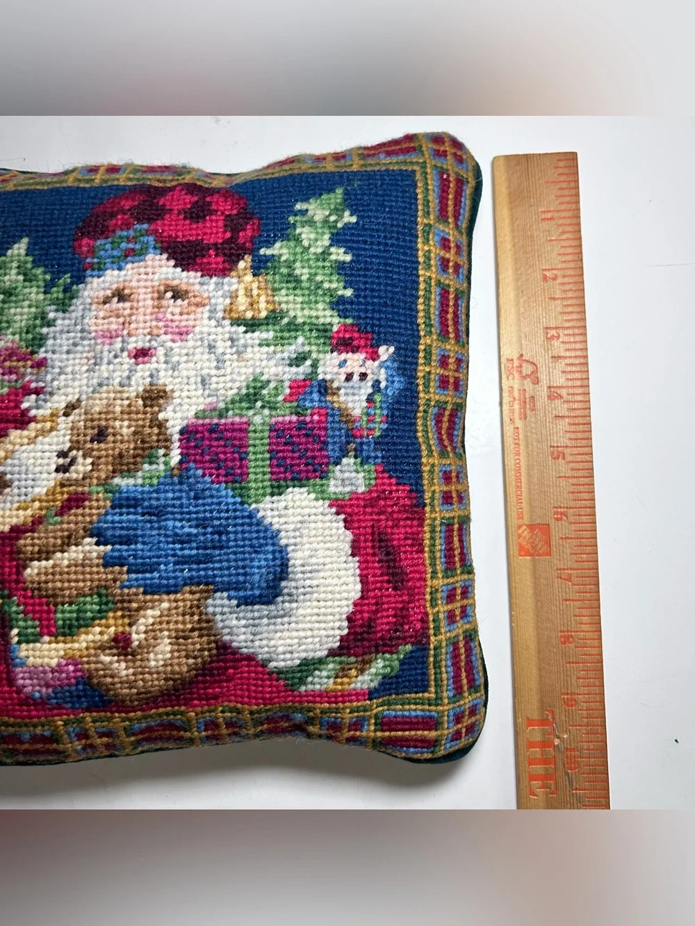 Vintage Needlepoint Santa Claus Presents Throw Pillow Green Velvet